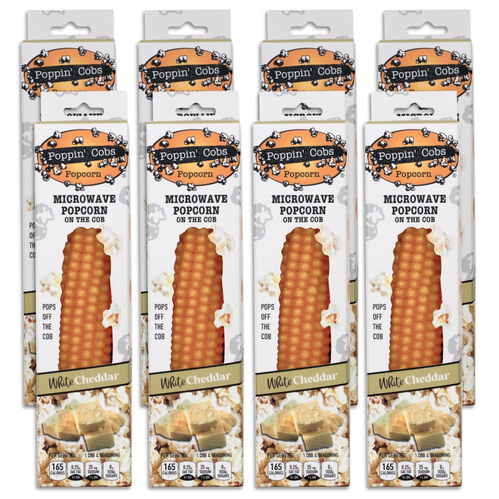 8 packages of Poppin' Corn microwave popcorn on a white background