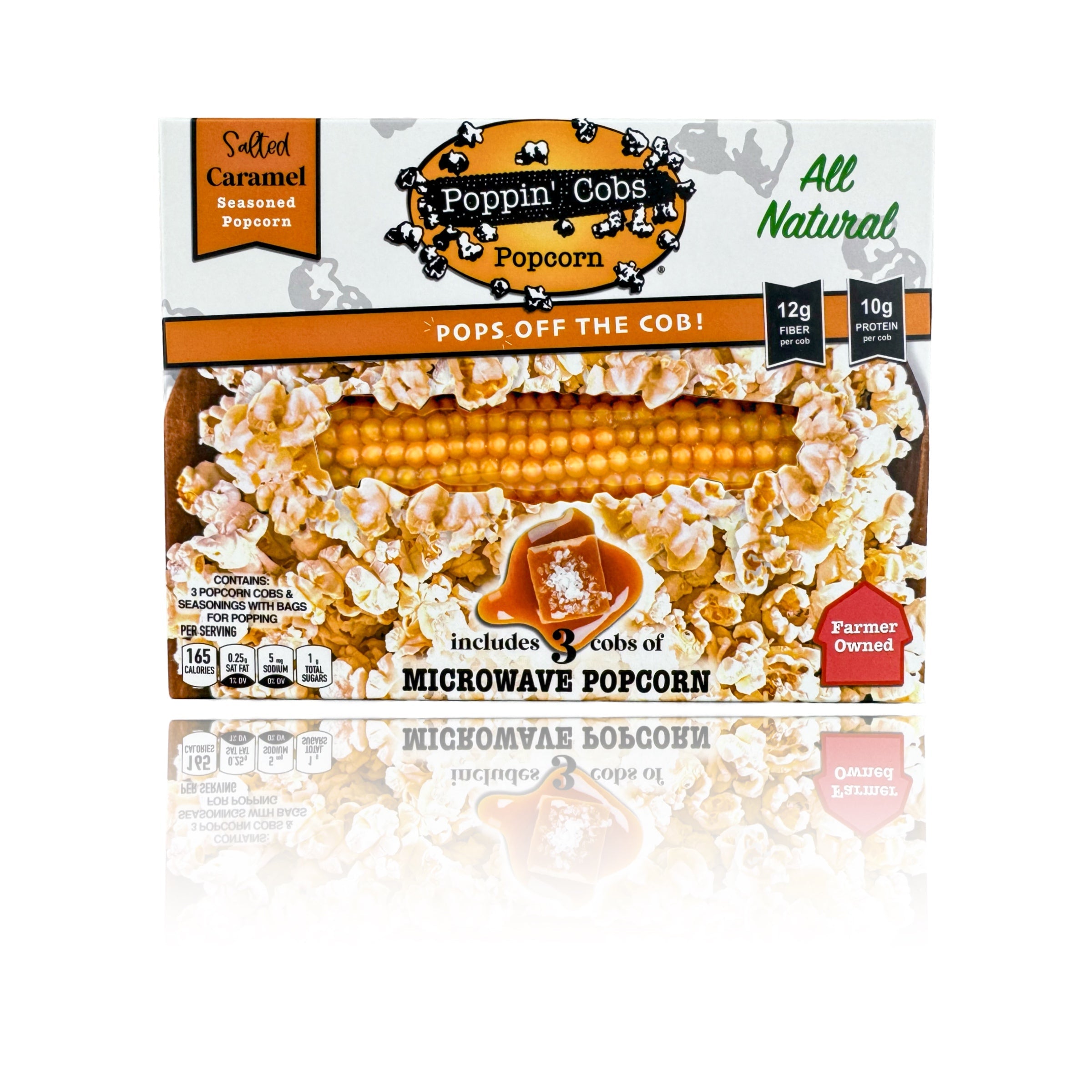 Poppin Cobs microwave popcorn package with corn and popped popcorn on a white background, Salted Caramel Microwave Popcorn on a Cob
