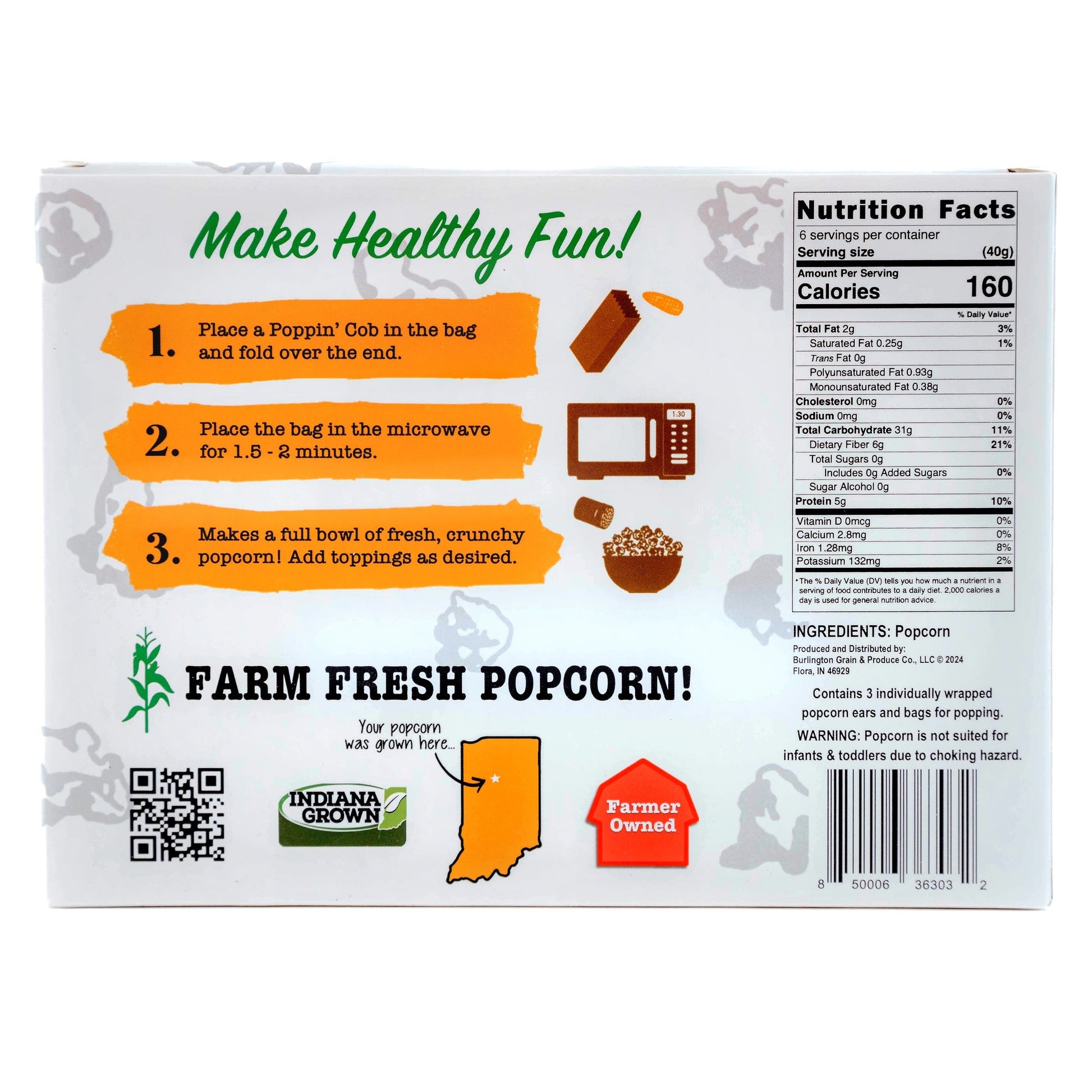 Box of popcorn with nutritional information and ingredients.