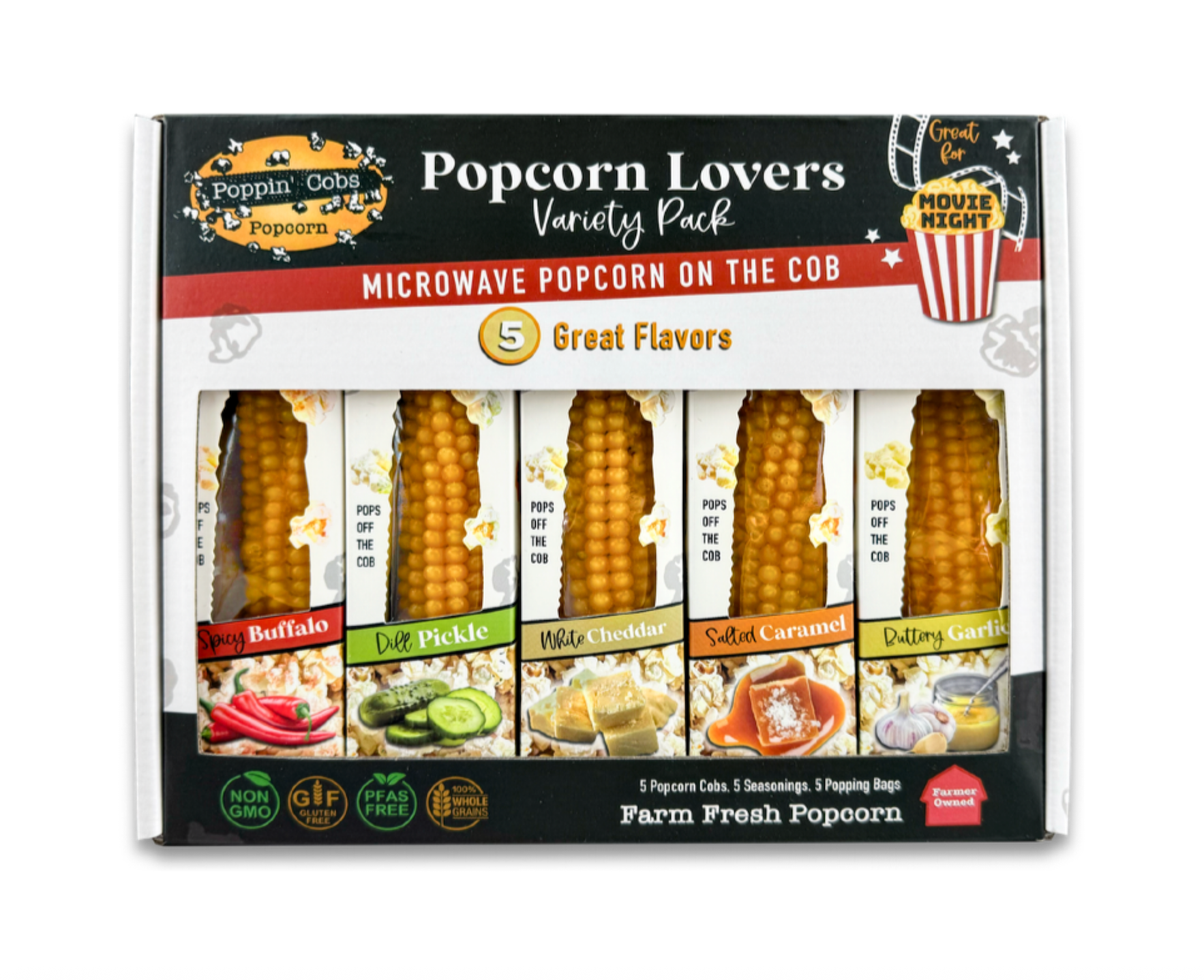 Popcorn Lovers Variety Pack box with five flavors displayed on a white background