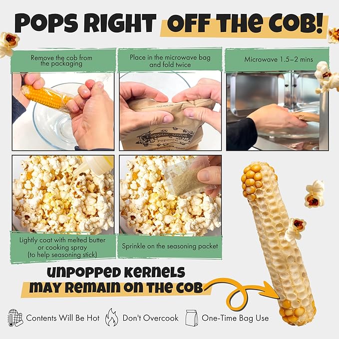 Instructions for microwaving corn on the cob with popcorn kernels.