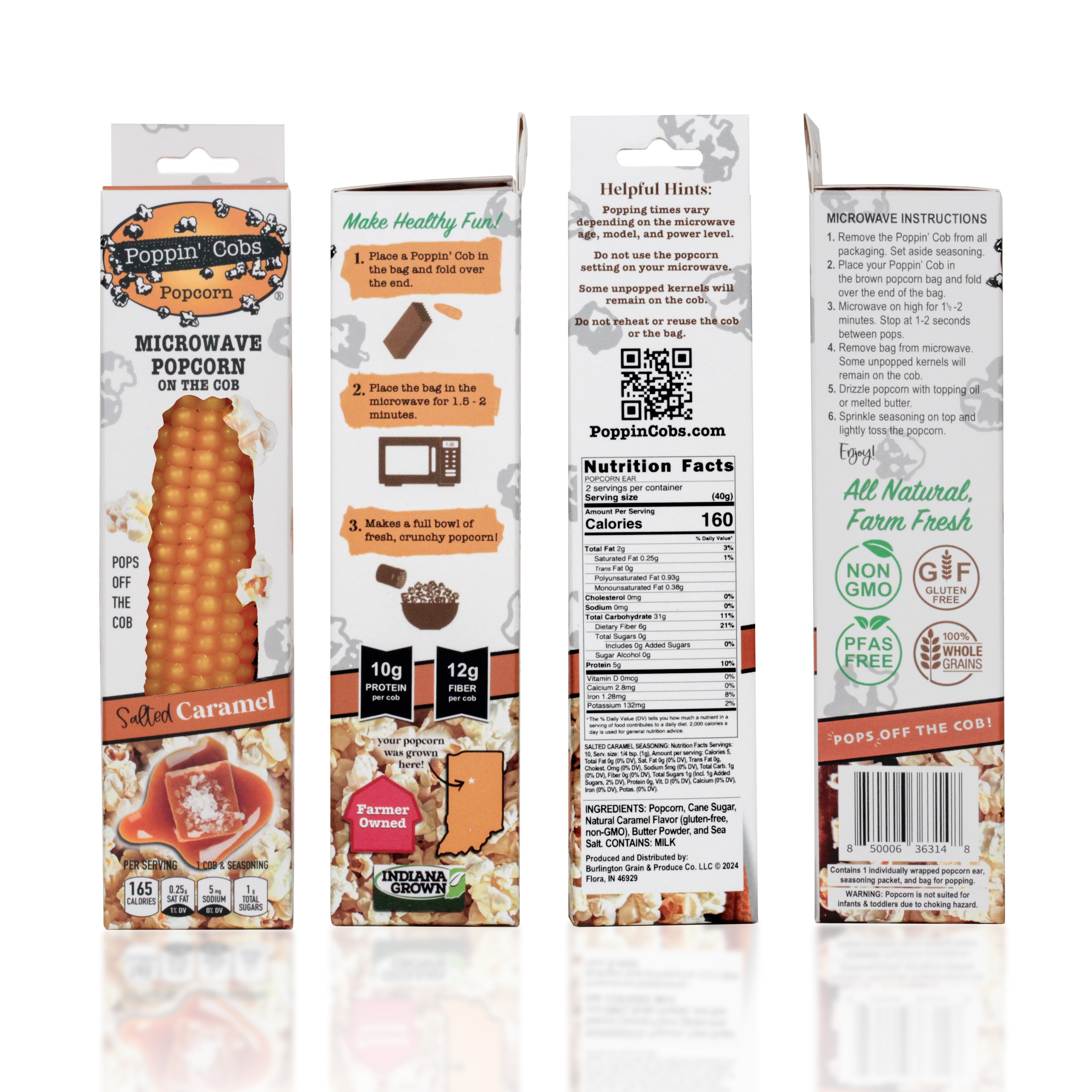 Helpful Hints, Microwave Instructions, and Ingredients on Poppin' Cobs Salted Caramel