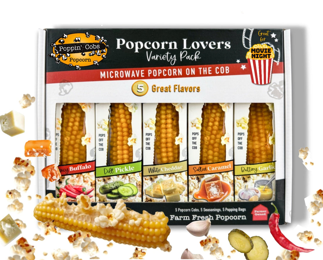 Popcorn Lovers Variety Pack box with five flavors displayed on a white background