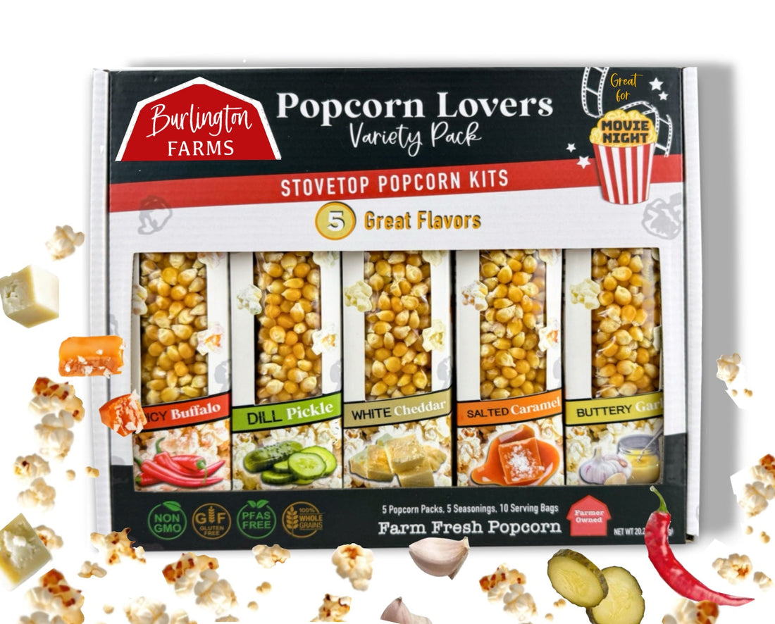 Burlington Farms Popcorn Lovers Variety Pack on a white background with popcorn kernels and a corn cob.