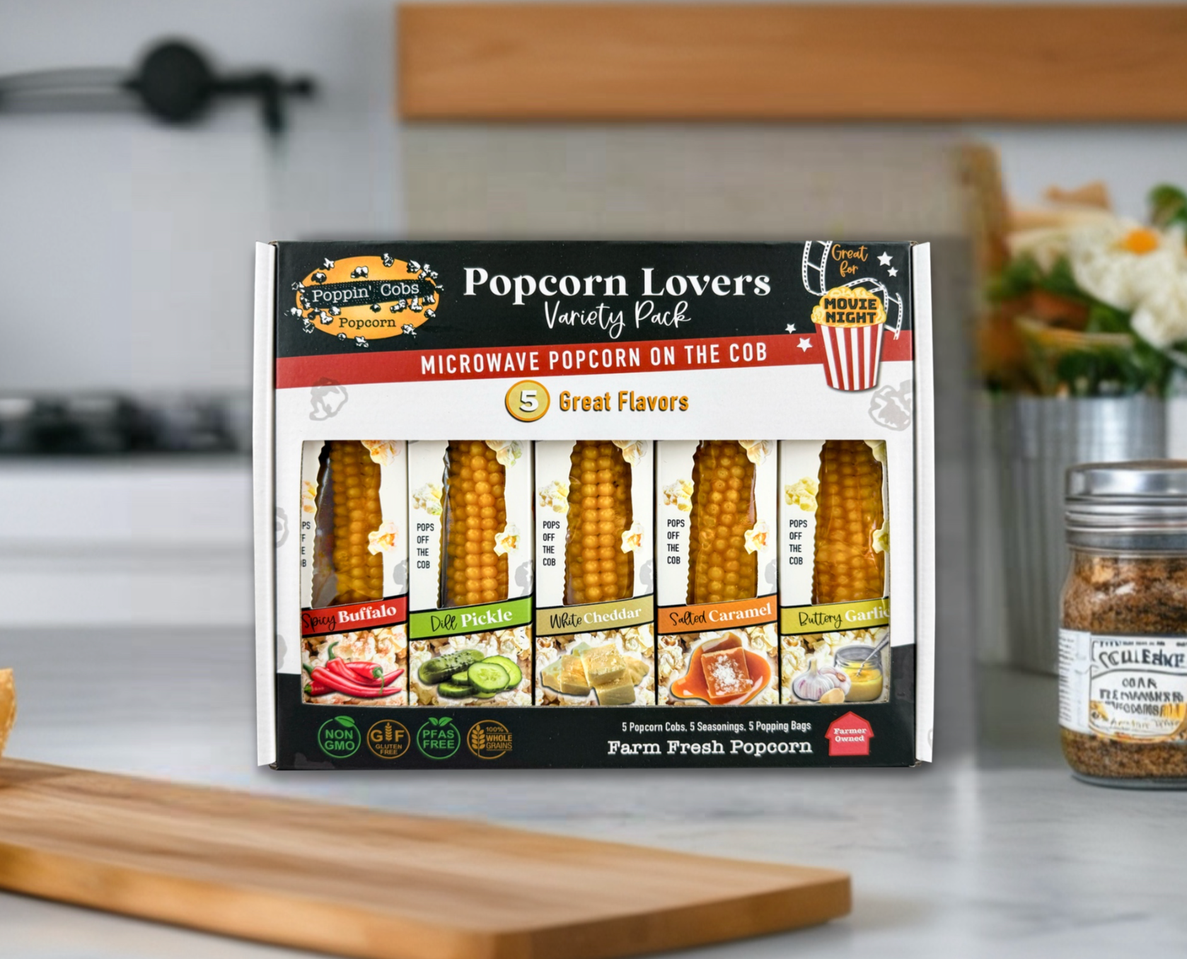 Popcorn Lovers Variety Pack on a kitchen counter with a blurred background
