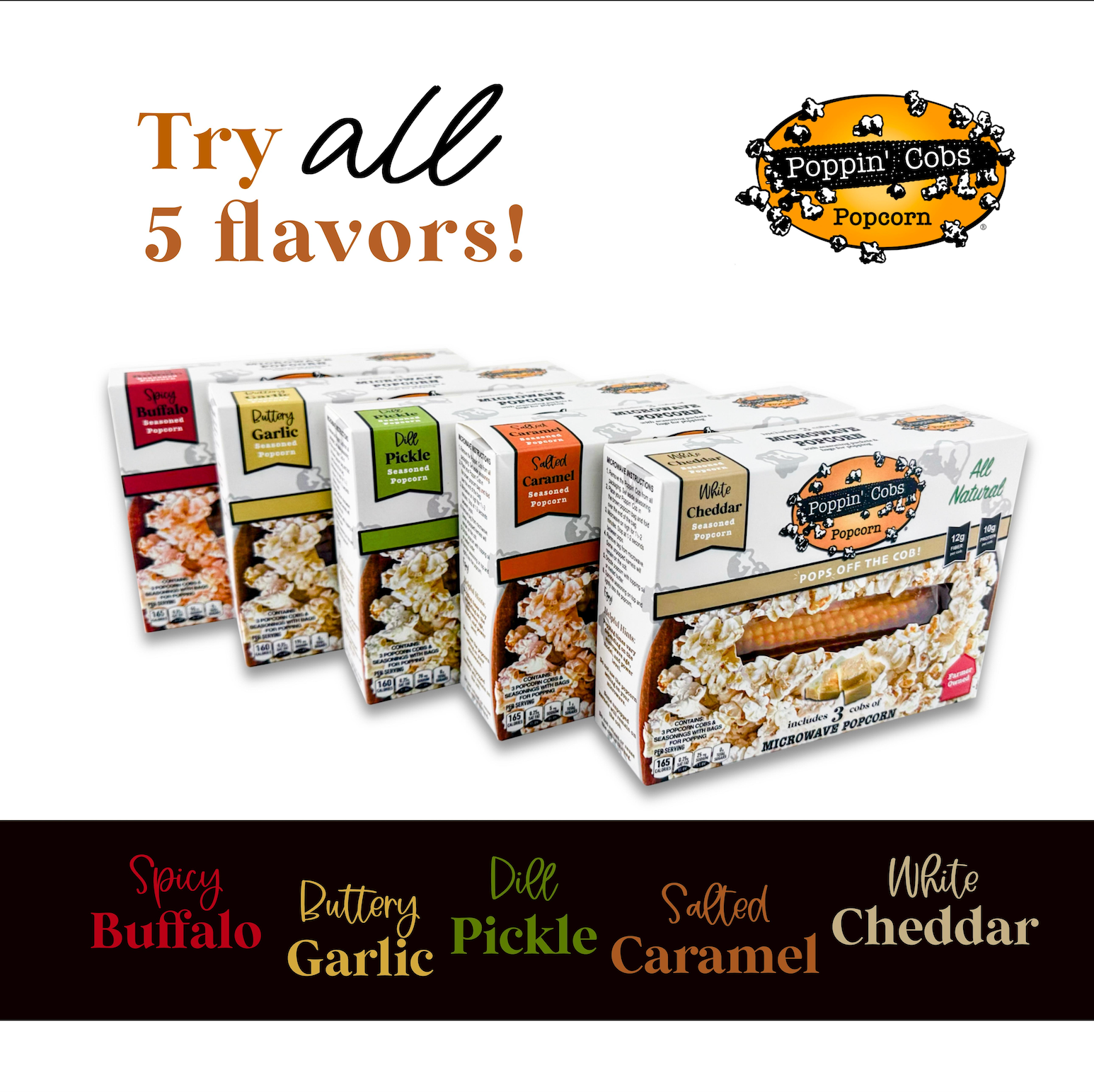 Poppin Cobs popcorn boxes with flavor options on a white background