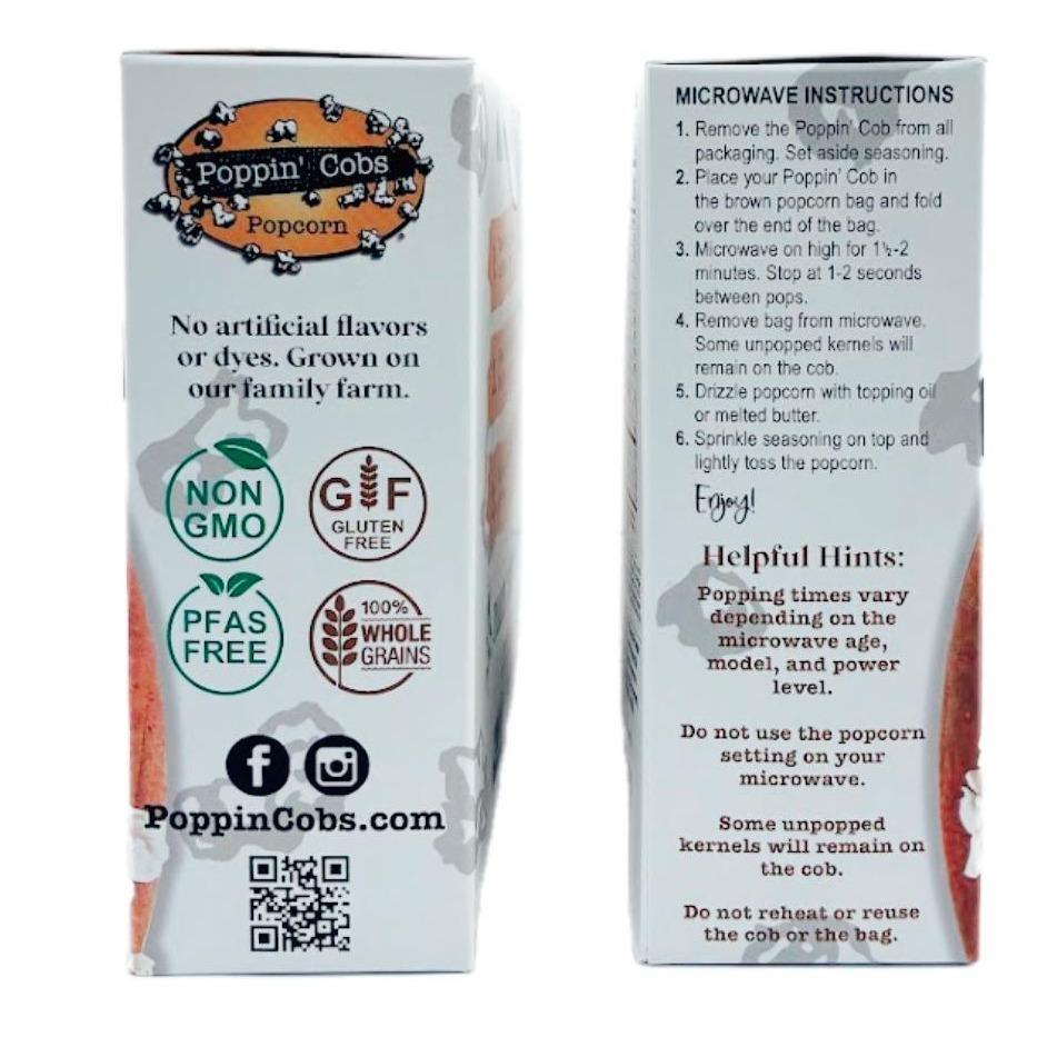 Poppin' Cobs popcorn packaging with branding, nutritional information, and microwave instructions.