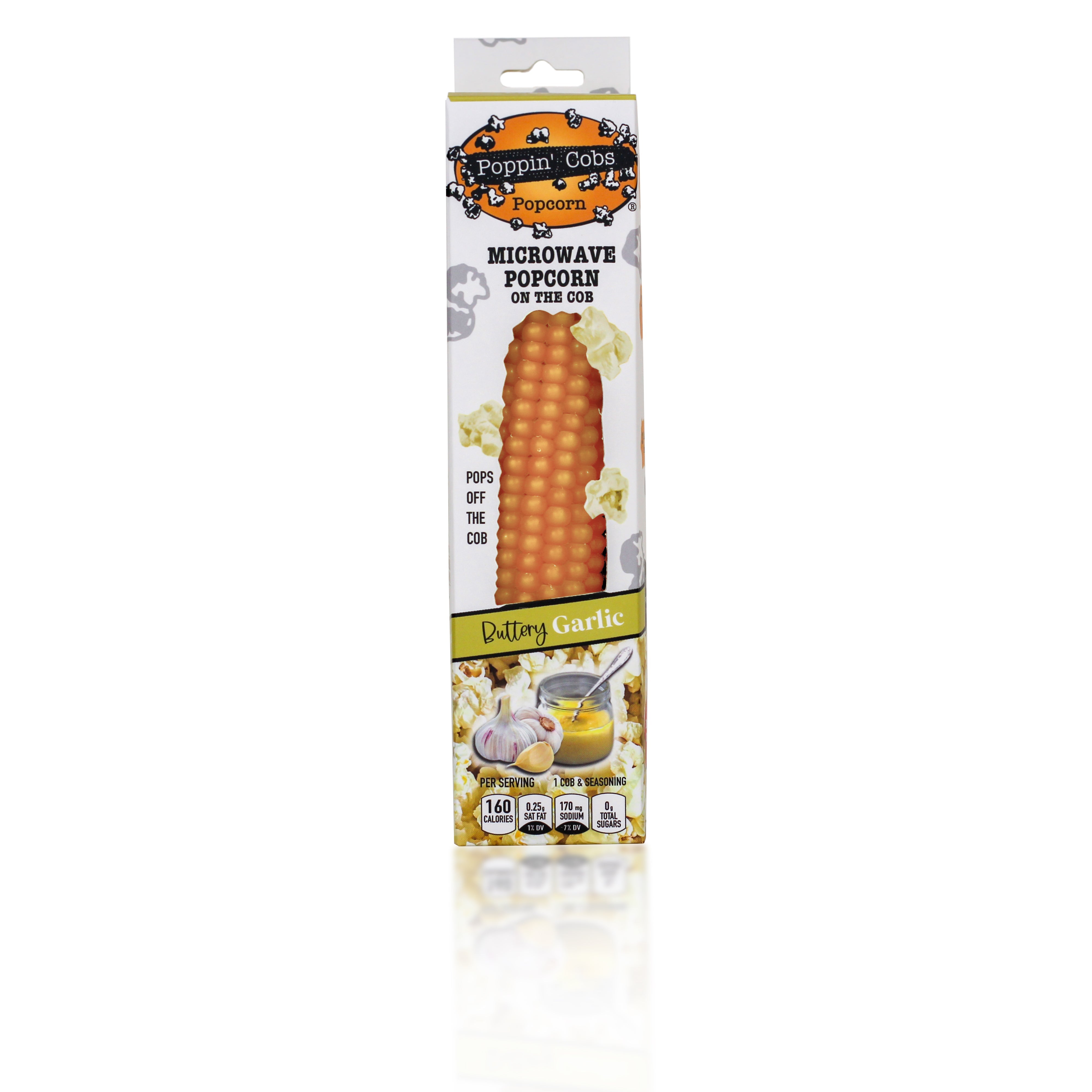 cover photo of poppin' cobs microwave on the cob popcorn - buttery garlic flavor - pops off the cob on a white background 