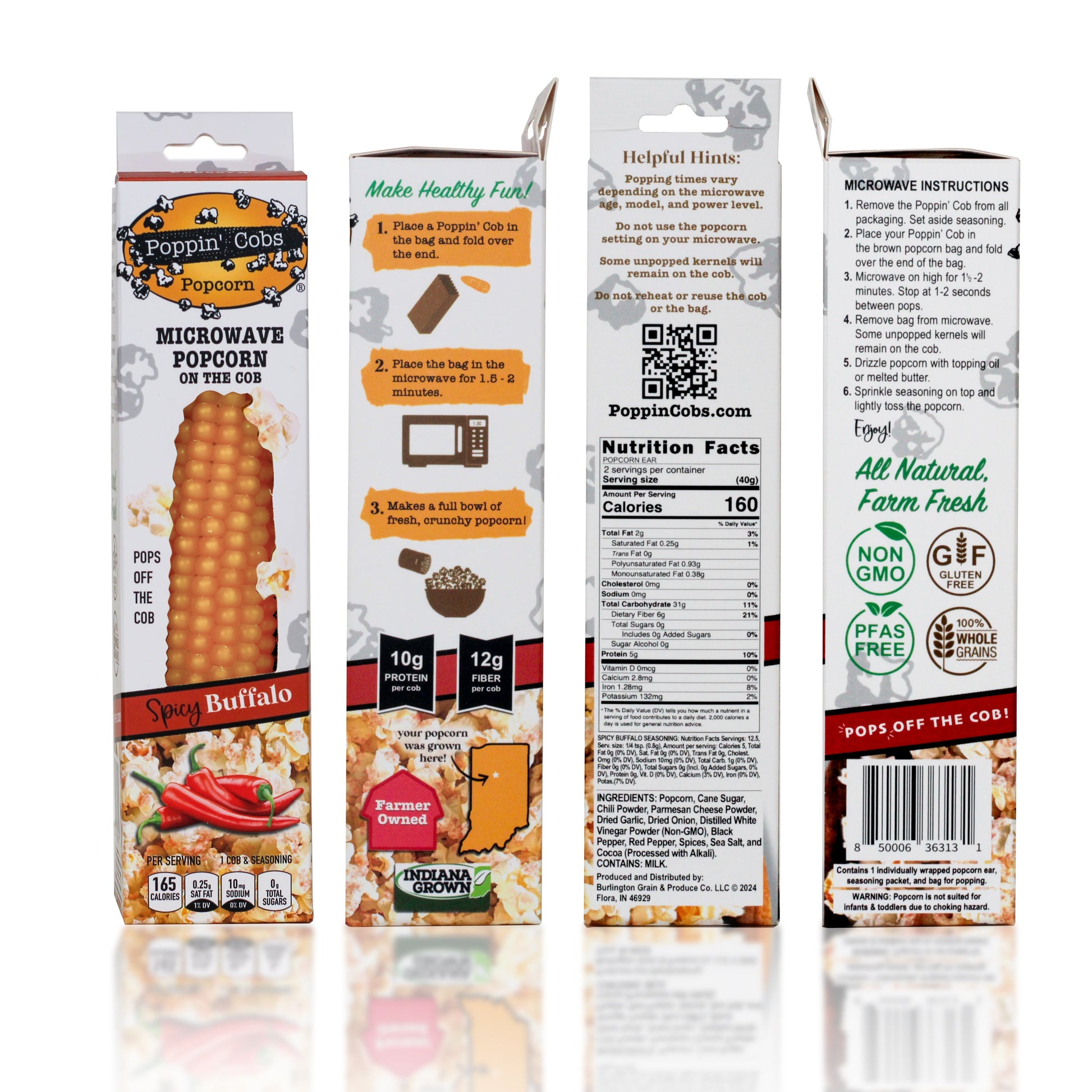 Microwave Instructions, Helpful Hints, and Ingredients of  Poppin' Cobs Popcorn on the Cob