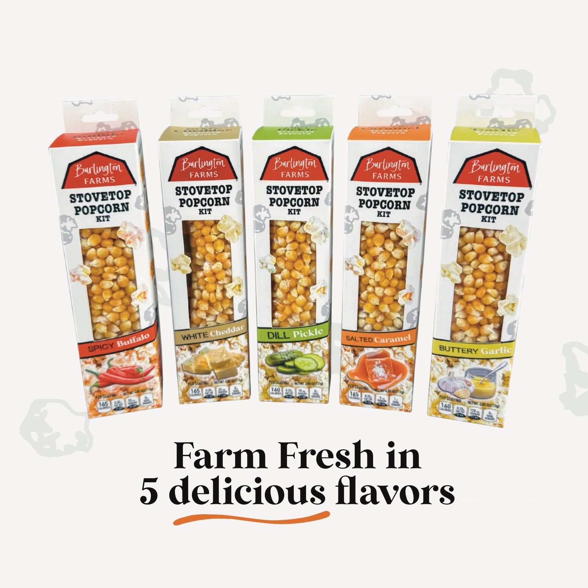 Five packages of Burlington Farms stovetop popcorn kits on a white background with text about flavors.