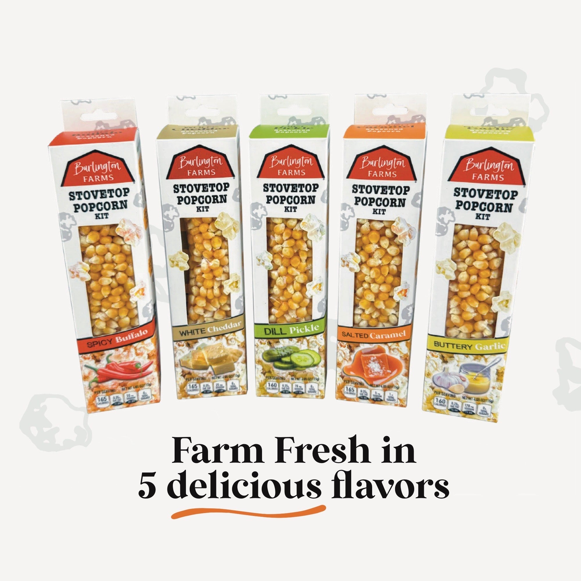 Five packages of Burlington Farms stovetop popcorn kits on a white background with text about flavors.