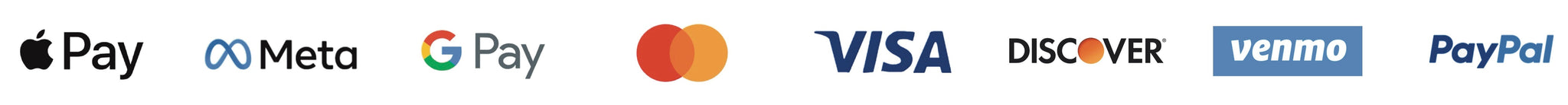 Logos of various payment methods including Apple Pay, Meta, Google Pay, Mastercard, Visa, Discover, Venmo, and PayPal.