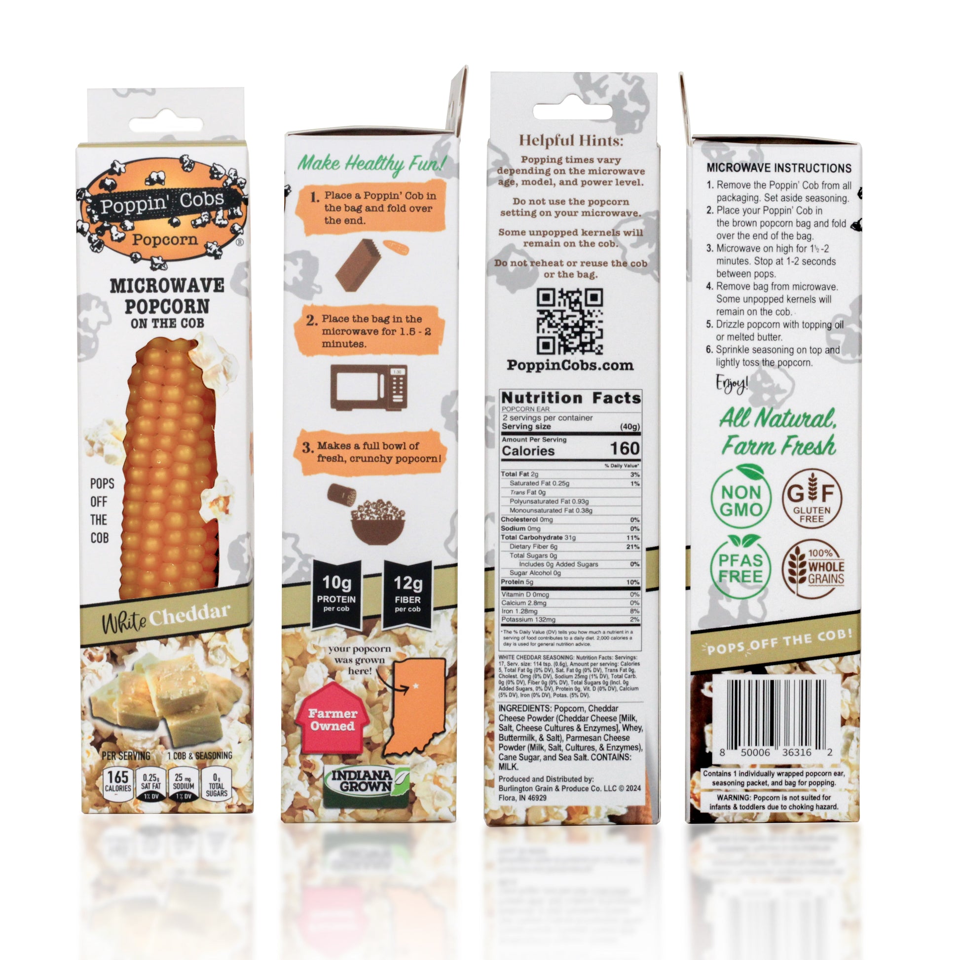 Nutritional Value, Microwave Instructions, and Helpful Hints of Poppin' Cobs Popcorn