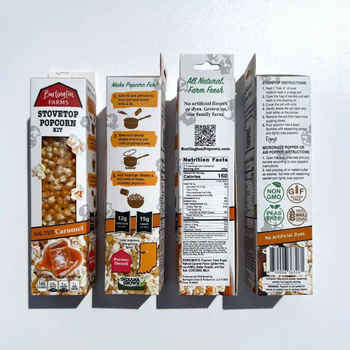 Burlington Farms stovetop popcorn kit packaging on a white background
