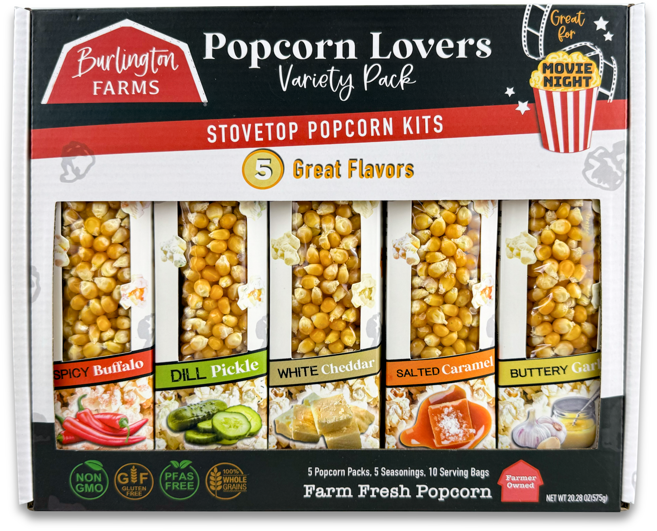 Burlington Farms popcorn lovers variety pack with five different flavors on a white background