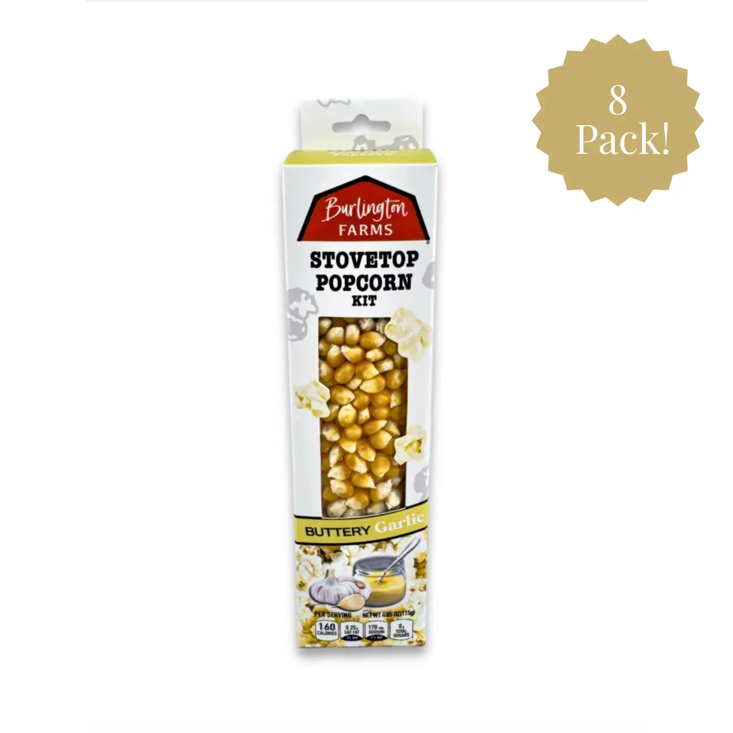 Burlington Farms stovetop popcorn kit packaging with corn kernels and buttery garlic flavor on a white background.