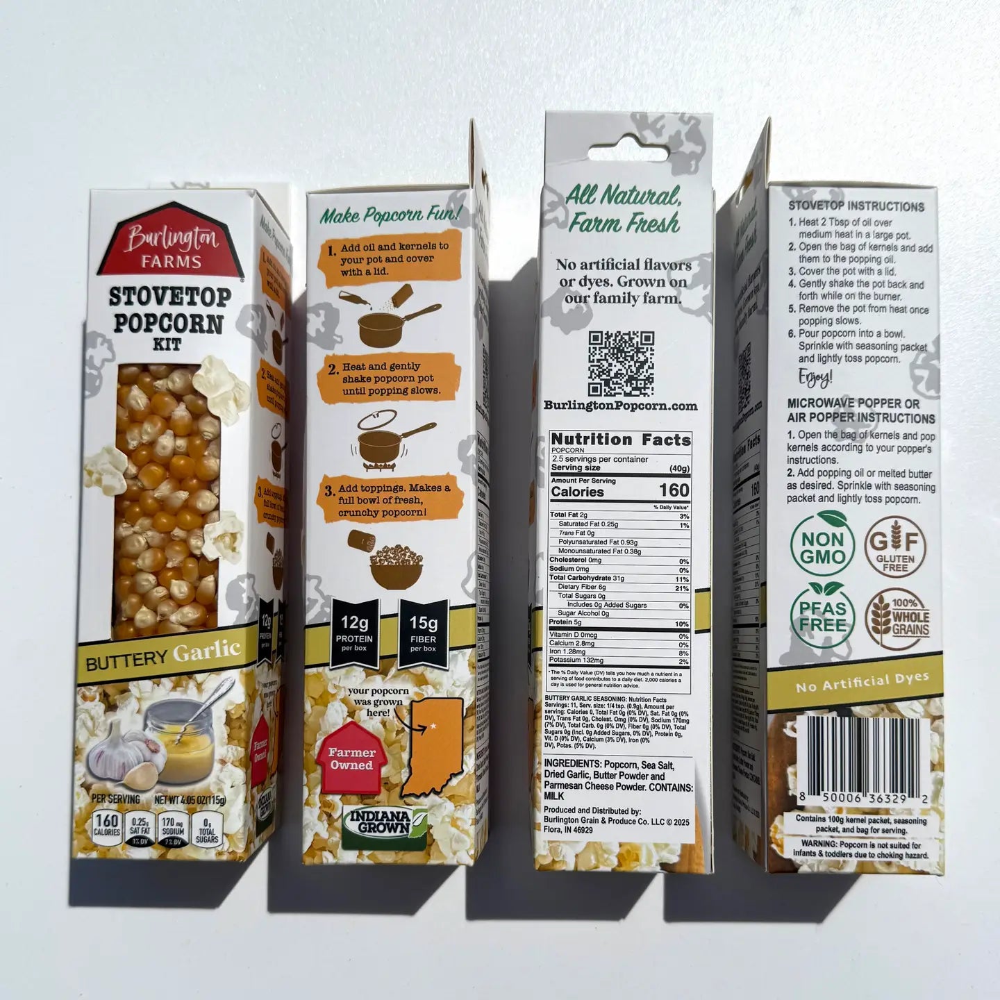 Burlington Farms stovetop popcorn kit packaging on a white background
