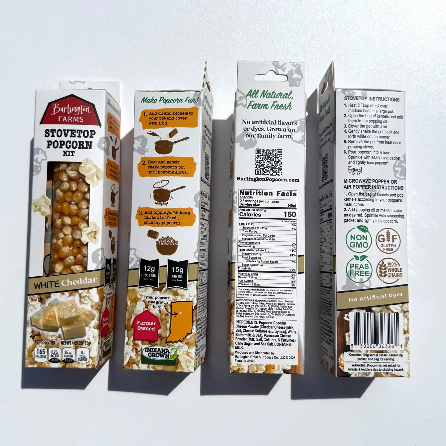 Burlington Farms stovetop popcorn kit packaging on a white background