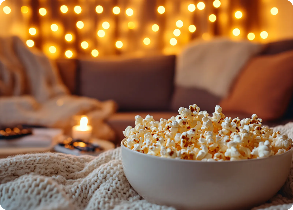 Bowl of popcorn on a blanket with a cozy background featuring a couch and string lights.